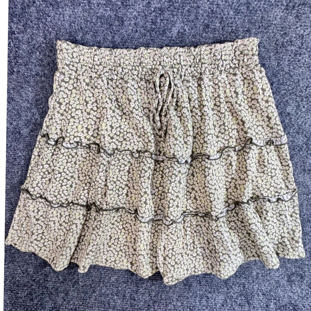 Good Luck Gem Floral Tiered Mini Skirt XS Sage Green Ruffle Smocked Rayon